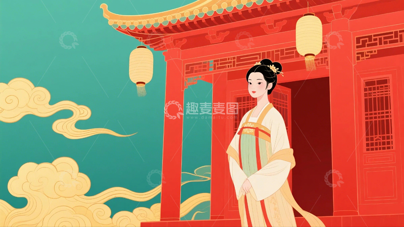 高清大图下载【趣麦麦图】汉服女子阁楼插画1