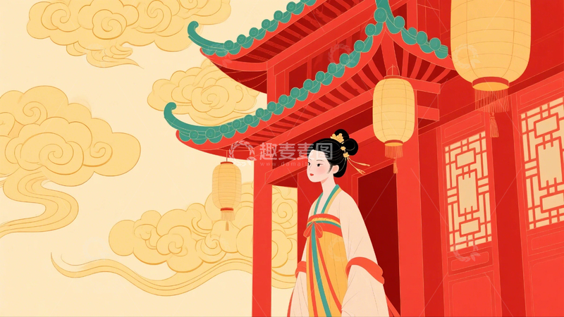 高清大图下载【趣麦麦图】汉服女子阁楼插画