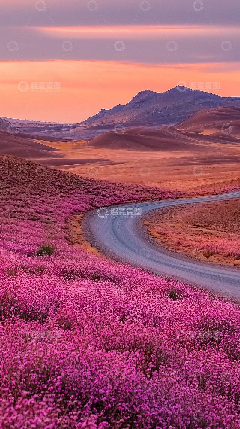 高清大图下载【趣麦麦图】紫色花海中的蜿蜒道路