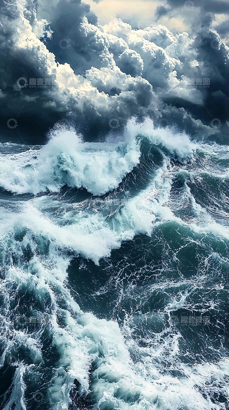 高清大图下载【趣麦麦图】波涛汹涌的海洋与乌云