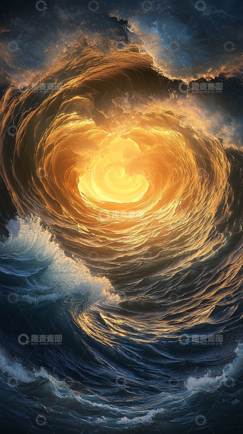高清大图下载【趣麦麦图】金色漩涡下的海浪涌动