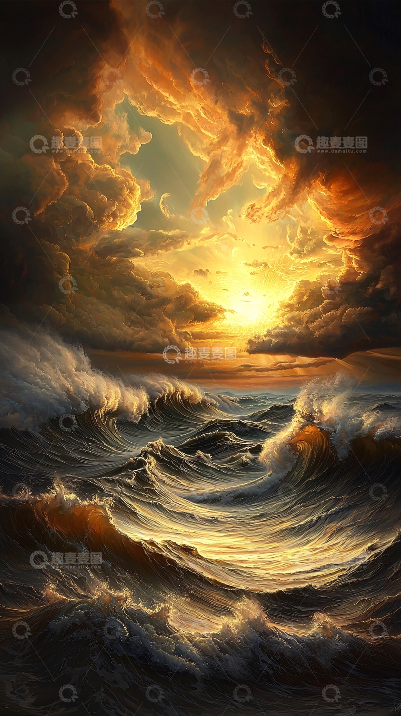 高清大图下载【趣麦麦图】波涛汹涌的金色海洋日落