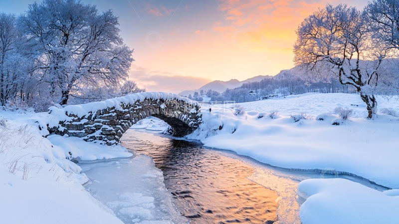 高清大图下载【趣麦麦图】冰雪覆盖的石桥