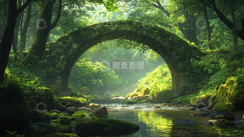 高清大图下载【趣麦麦图】绿意盎然的石桥景观