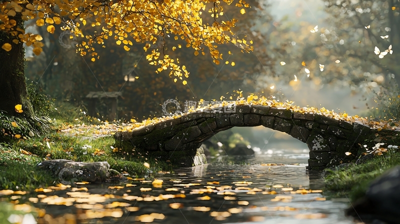 高清大图下载【趣麦麦图】秋日小桥流水落叶美景