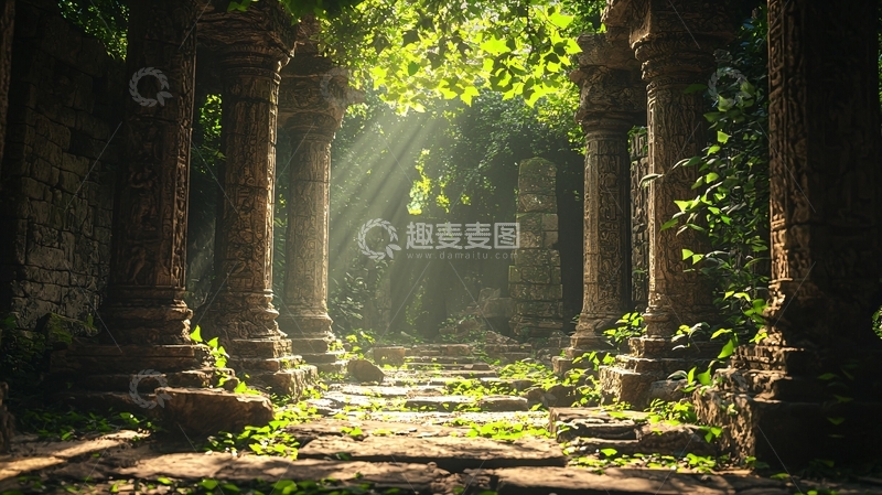 高清大图下载【趣麦麦图】阳光穿过古老石柱的通道