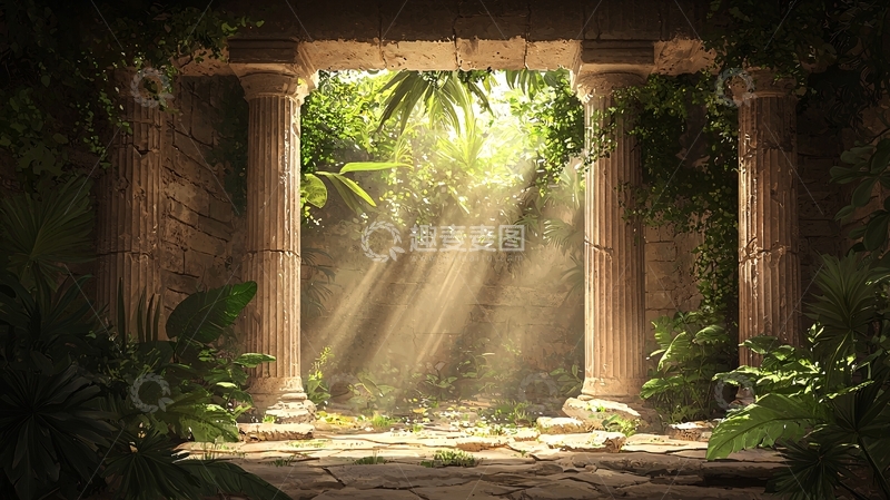 高清大图下载【趣麦麦图】光线穿过古老石门