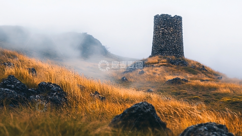 高清大图下载【趣麦麦图】雾中山顶的古老石塔