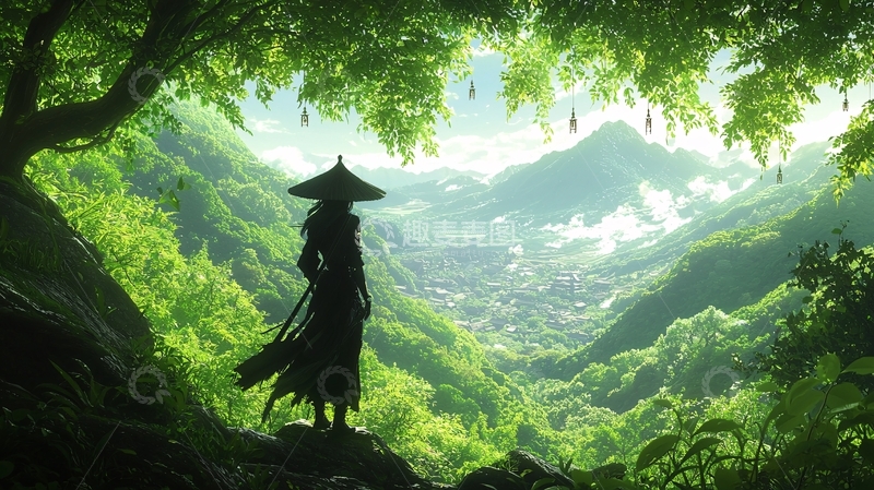 高清大图下载【趣麦麦图】绿意山谷中的武士