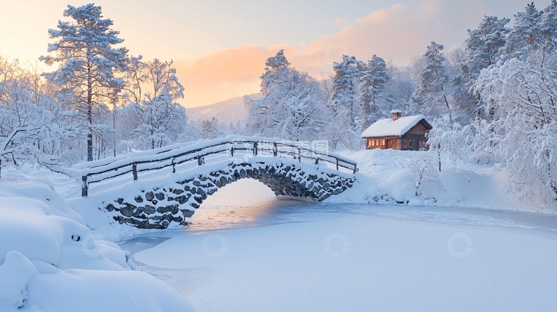 高清大图下载【趣麦麦图】雪中石桥小屋
