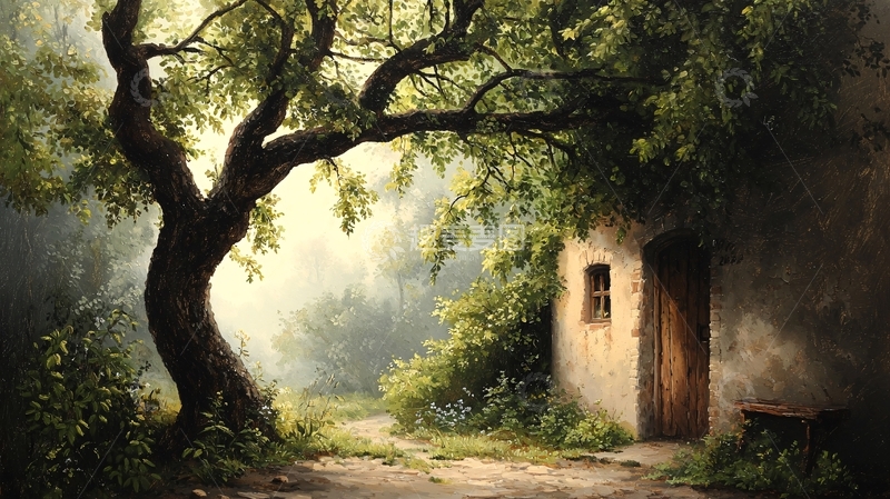 高清大图下载【趣麦麦图】绿树掩映下的乡村小屋