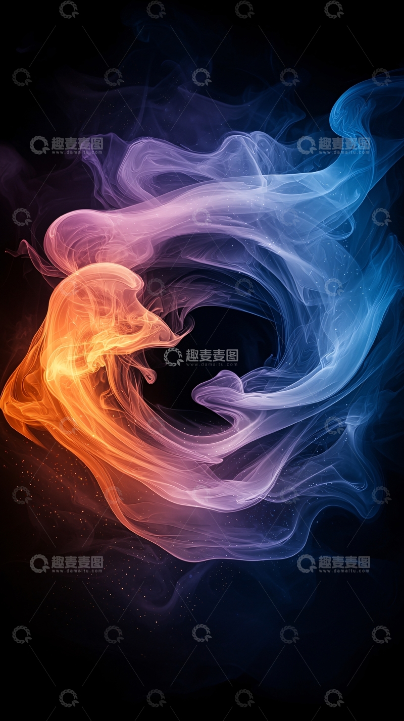 高清大图下载【趣麦麦图】蓝橙色烟雾在黑暗中盘旋