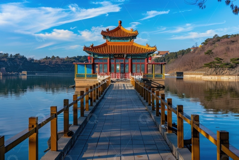 高清大图下载【趣麦麦图】湖泊上的石桥塔楼建筑