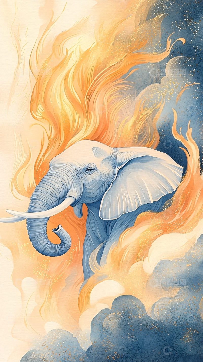 高清大图下载【趣麦麦图】火焰环绕的蓝色大象