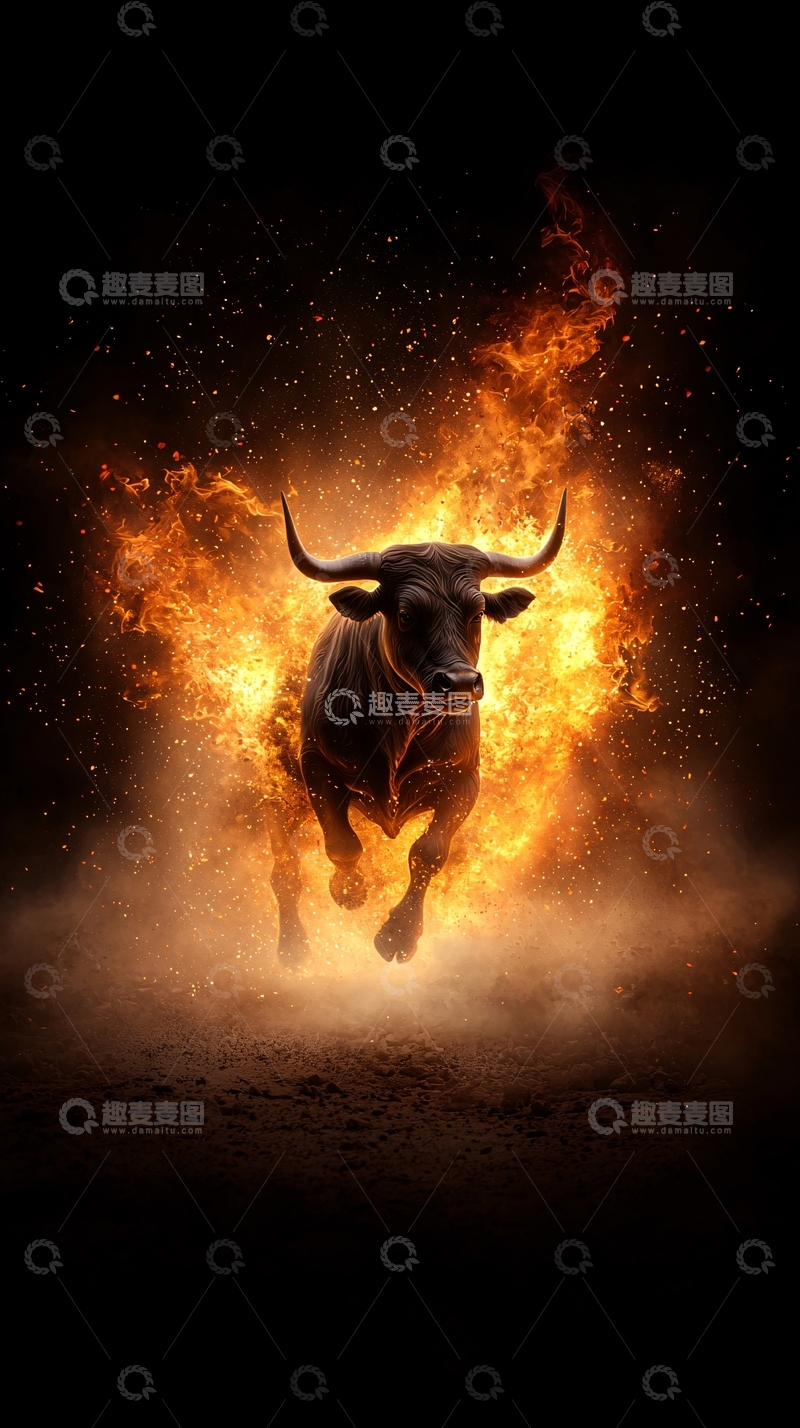 高清大图下载【趣麦麦图】火焰中的愤怒公牛
