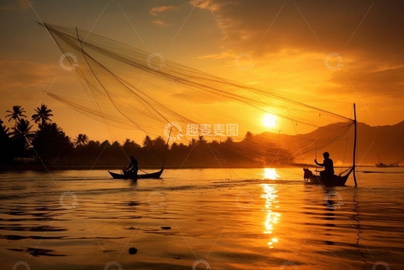 高清大图下载【趣麦麦图】黄昏河面上捕鱼的船只