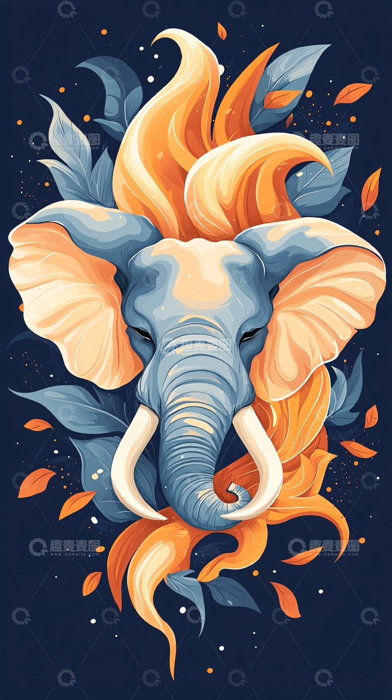 高清大图下载【趣麦麦图】水彩风大象与植物