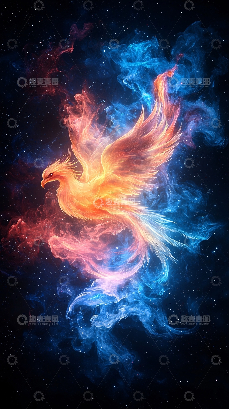 高清大图下载【趣麦麦图】火焰凤凰在星空中飞翔