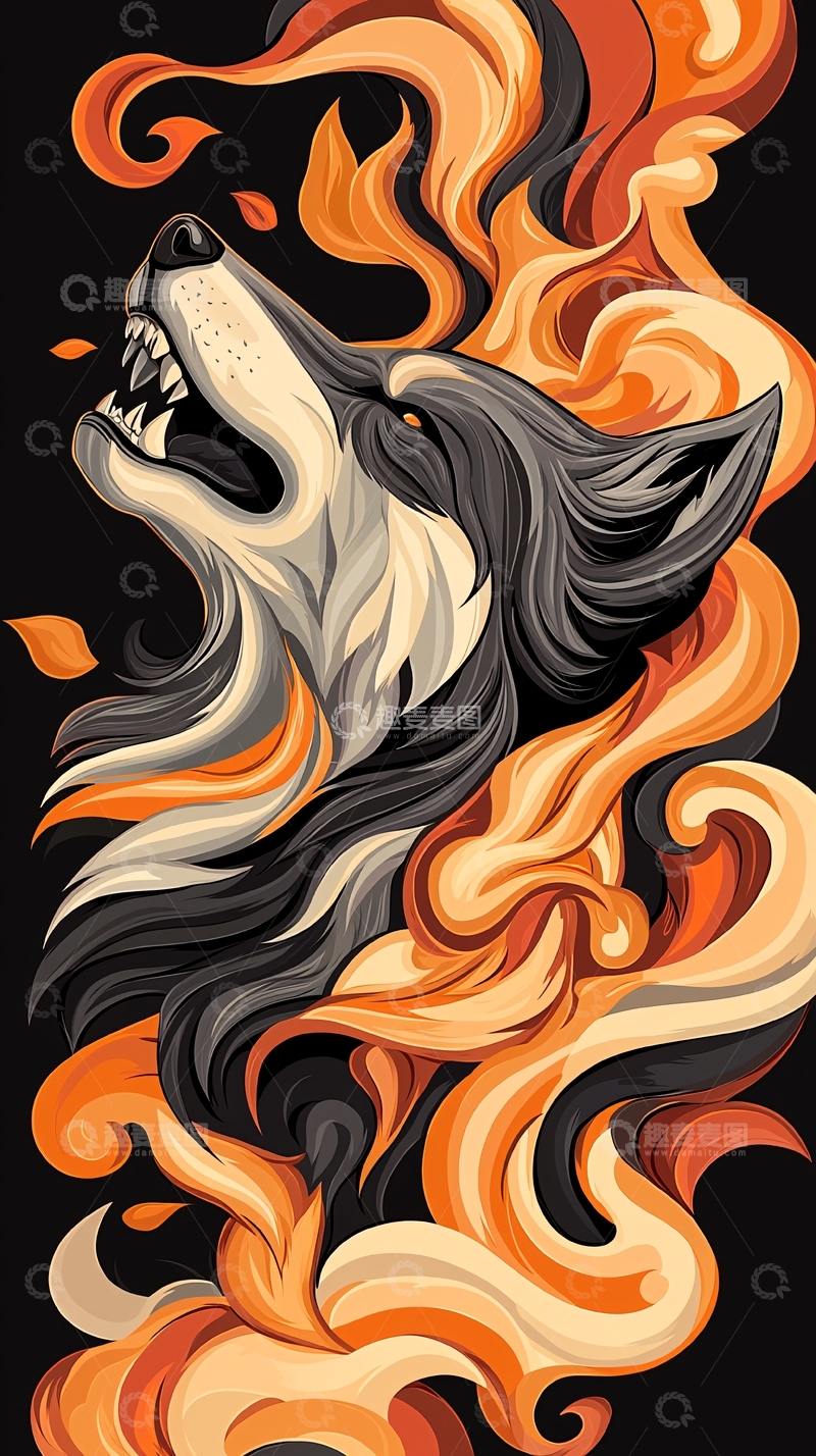 高清大图下载【趣麦麦图】火焰围绕的咆哮狼头