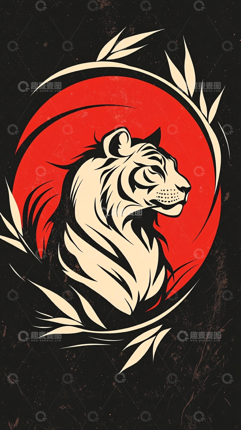 高清大图下载【趣麦麦图】老虎剪影红色圆圈竹叶
