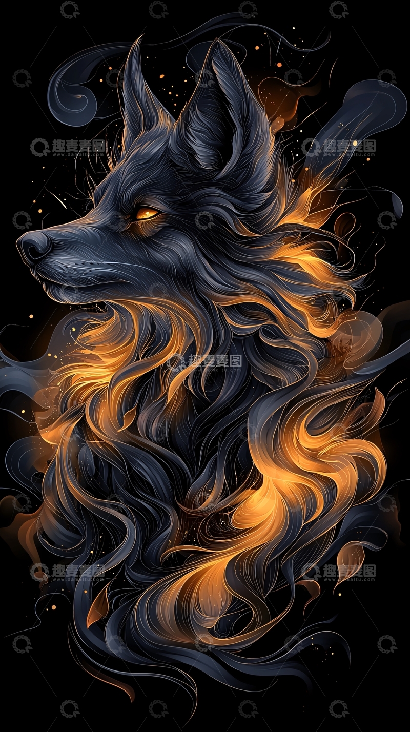 高清大图下载【趣麦麦图】燃烧着火焰的黑狼