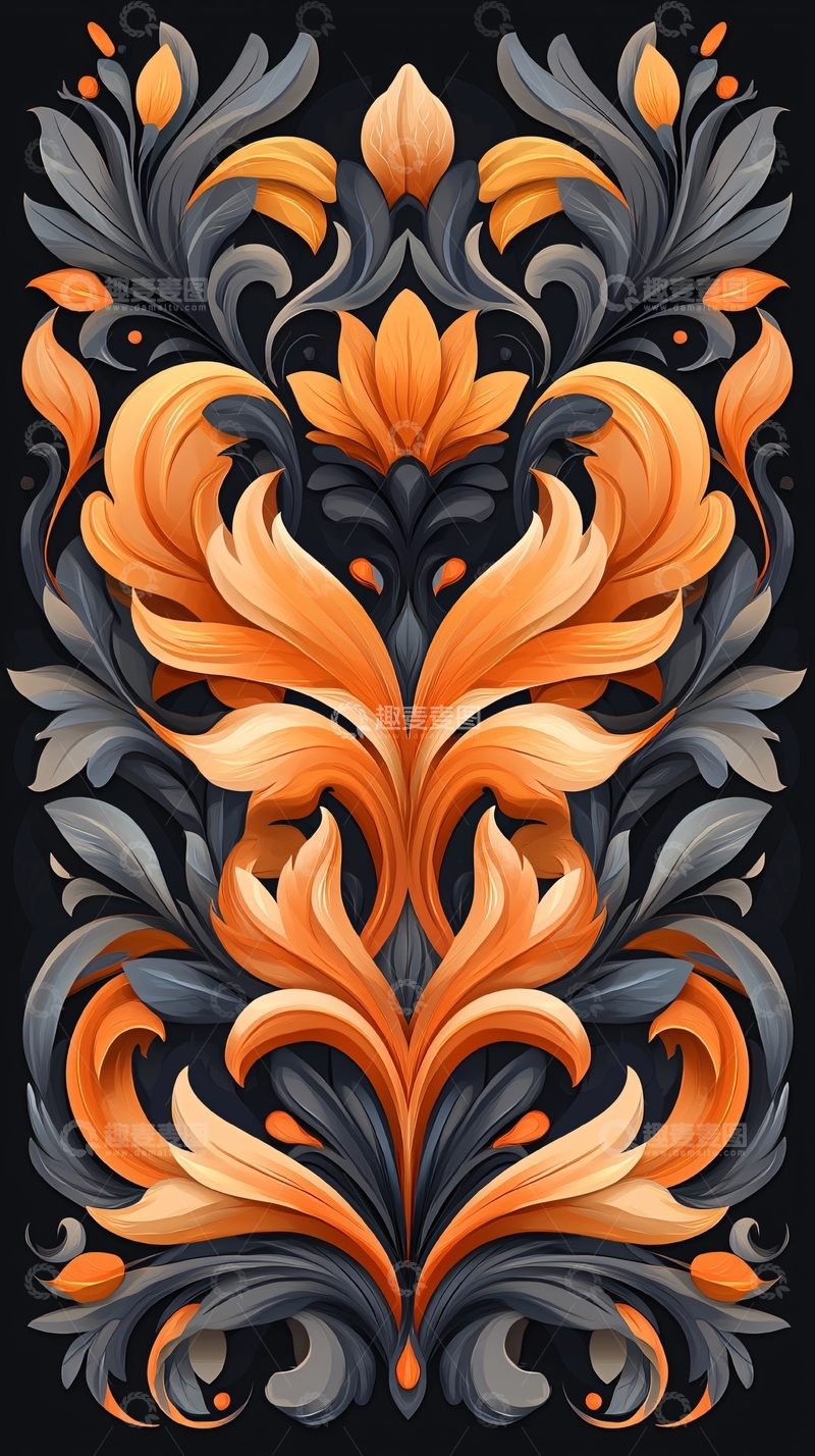 高清大图下载【趣麦麦图】橙色灰色对称花卉图案