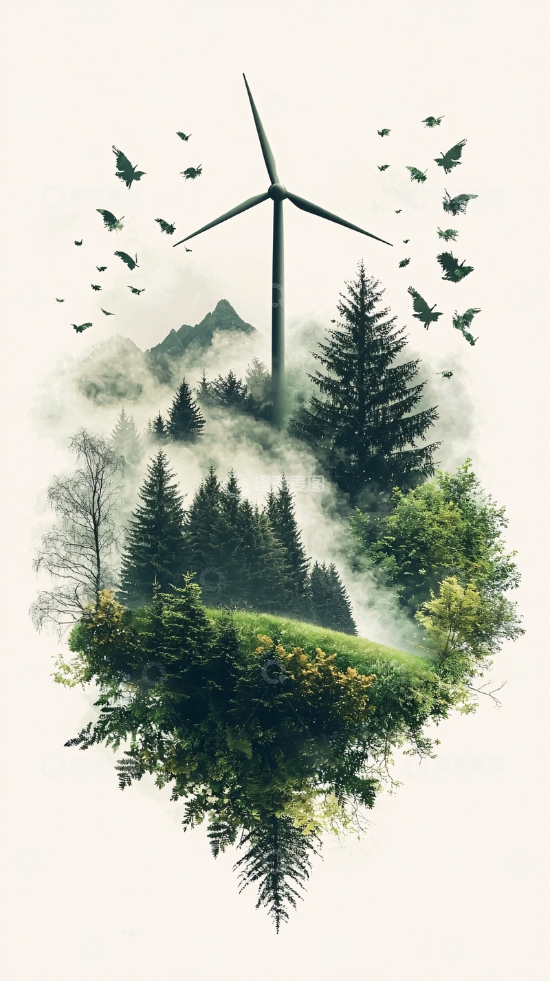 高清大图下载【趣麦麦图】风力涡轮机在森林之上