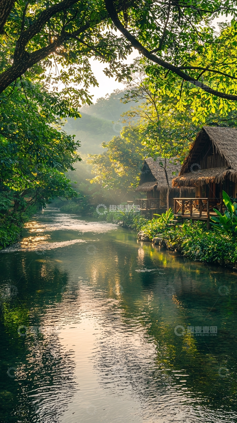 高清大图下载【趣麦麦图】清澈河流旁的茅草屋