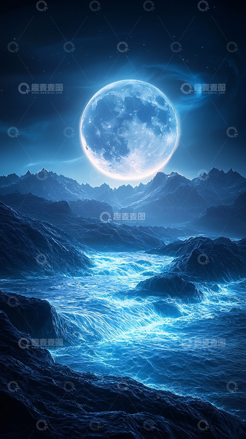 高清大图下载【趣麦麦图】月光照耀下的山川河流