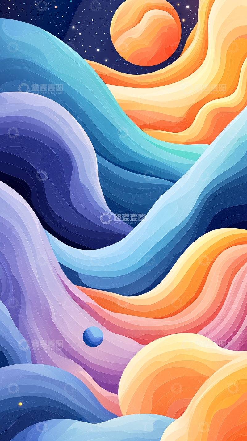 高清大图下载【趣麦麦图】抽象水彩山峦星空