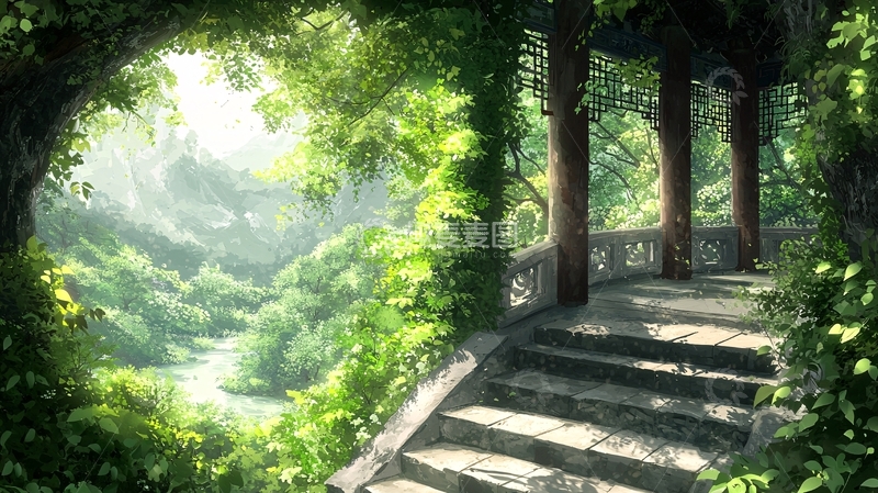 高清大图下载【趣麦麦图】绿树掩映下的石阶凉亭