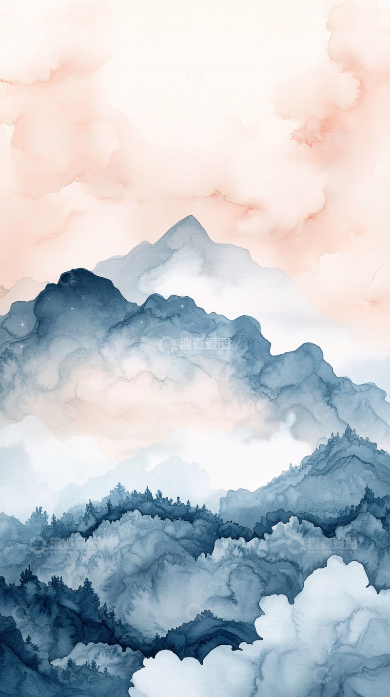 高清大图下载【趣麦麦图】水墨山水粉色云霞晕染