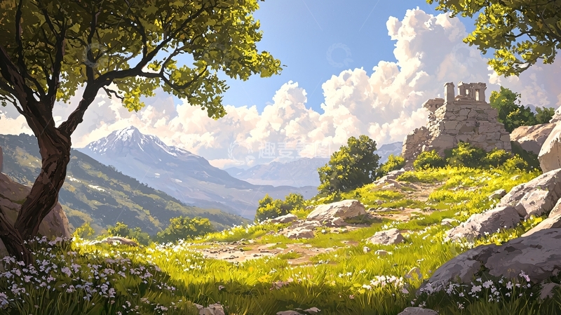 高清大图下载【趣麦麦图】美丽山景与古老遗迹