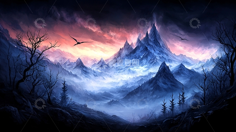 高清大图下载【趣麦麦图】魔幻山脉与绚丽天空交织的场景