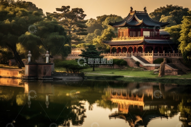 高清大图下载【趣麦麦图】湖泊旁边的避暑山庄