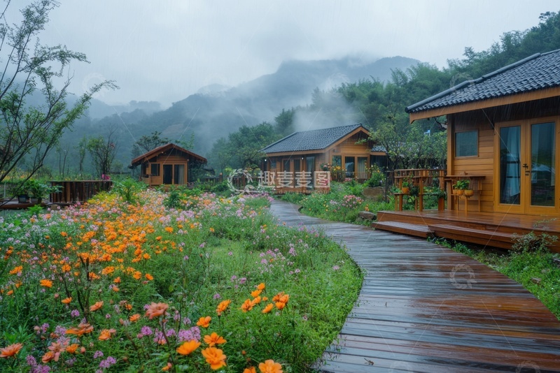 高清大图下载【趣麦麦图】公园木桥野花丛自然美景