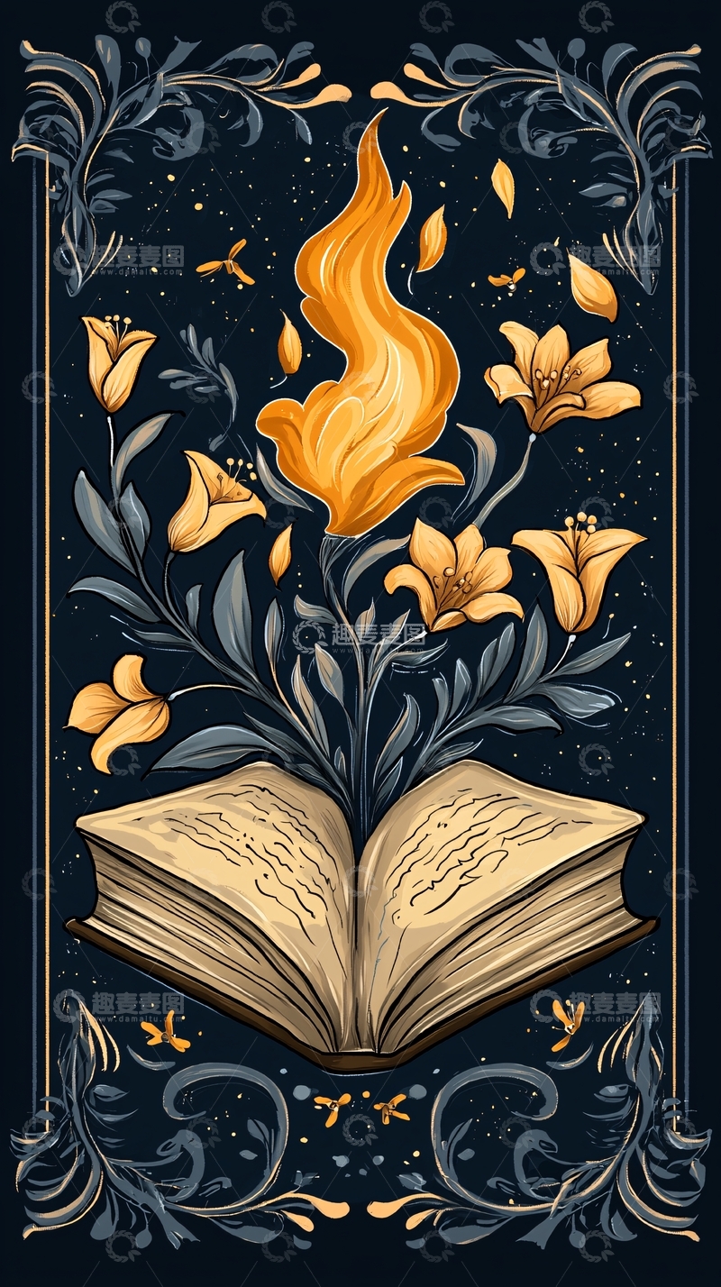 高清大图下载【趣麦麦图】书本绽放火焰与花朵