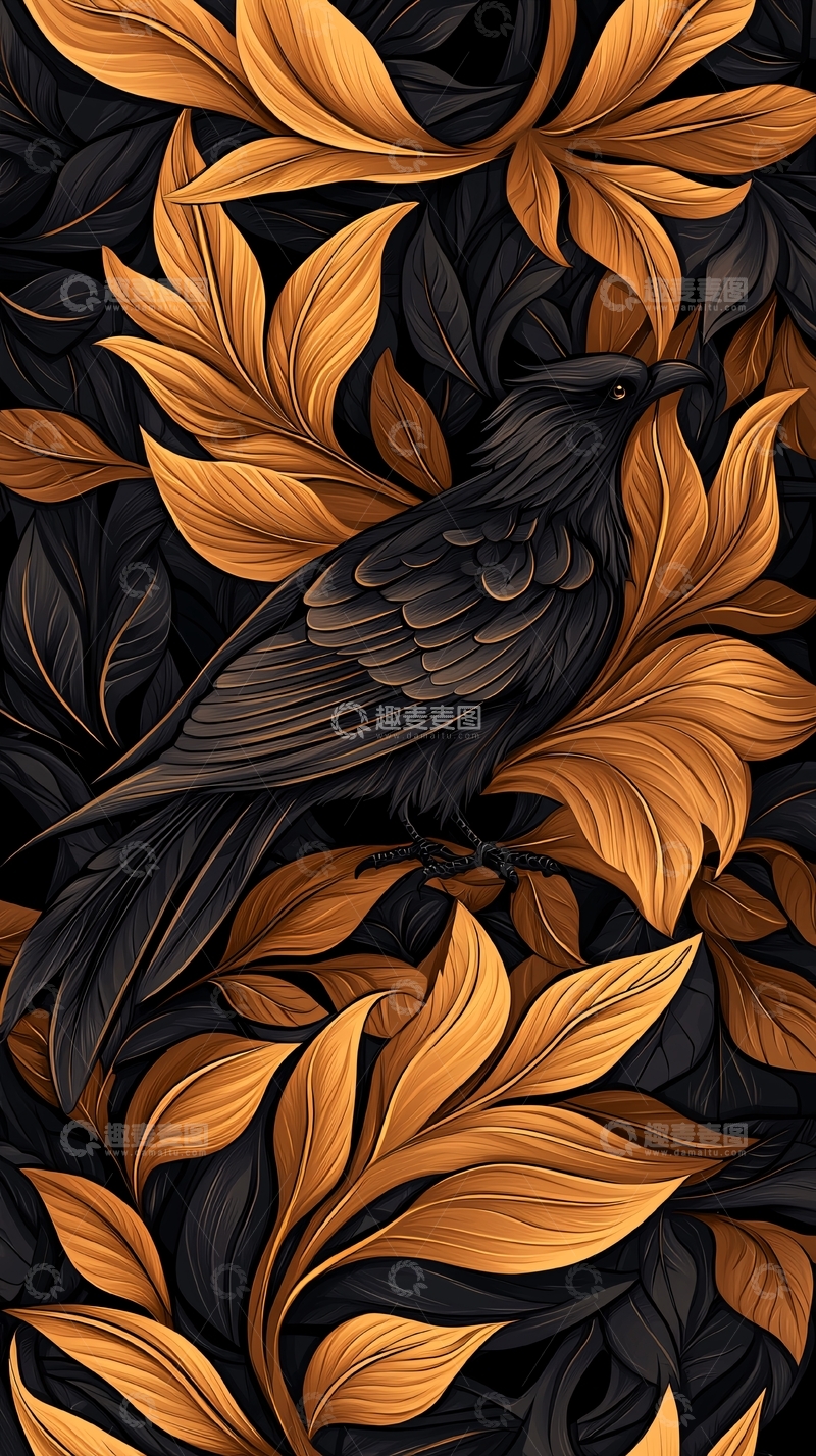 高清大图下载【趣麦麦图】金色树叶中的乌鸦