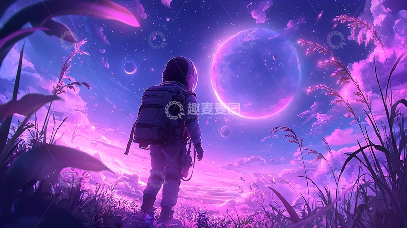 高清大图下载【趣麦麦图】紫色星空下的宇航员