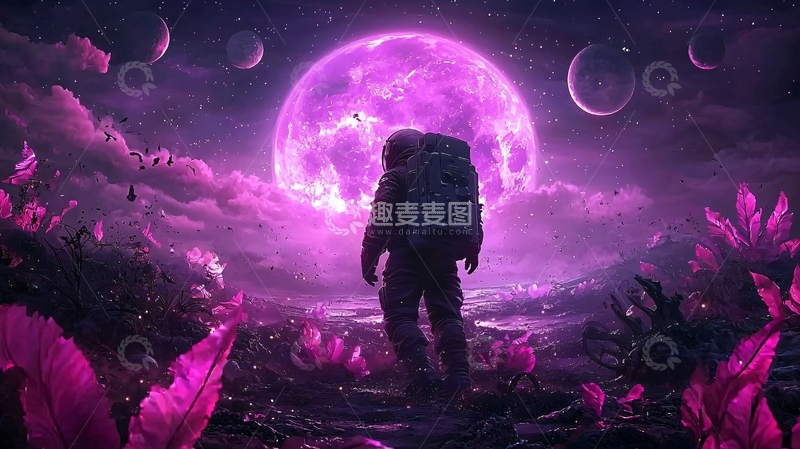 高清大图下载【趣麦麦图】太空人紫色星球风景