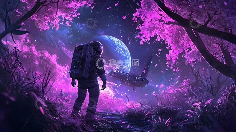 高清大图下载【趣麦麦图】紫色梦幻森林中的宇航员