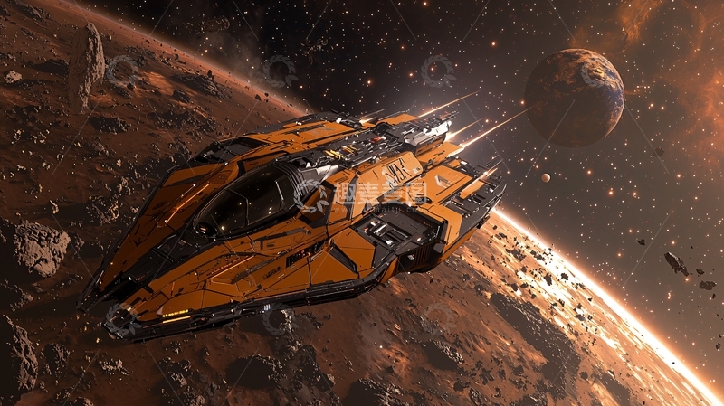 高清大图下载【趣麦麦图】未来飞船在红色星球上空航行