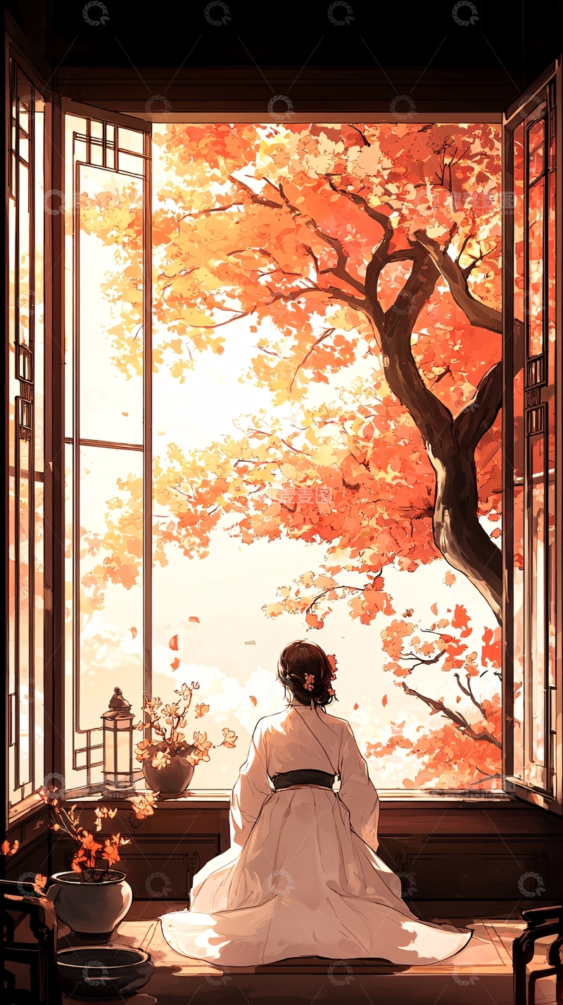 女子背影看秋日窗外
