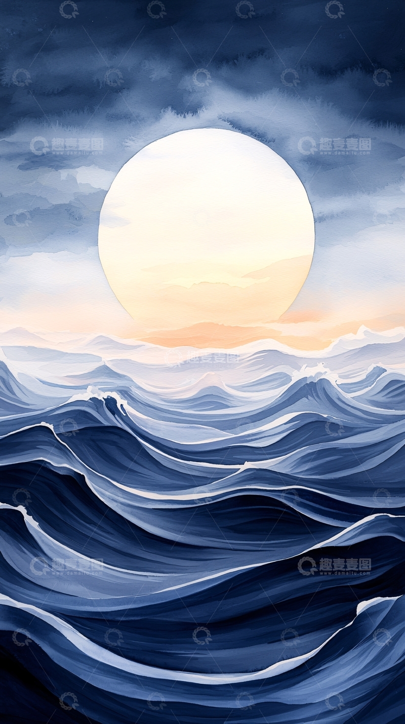 高清大图下载【趣麦麦图】海上明月水彩画