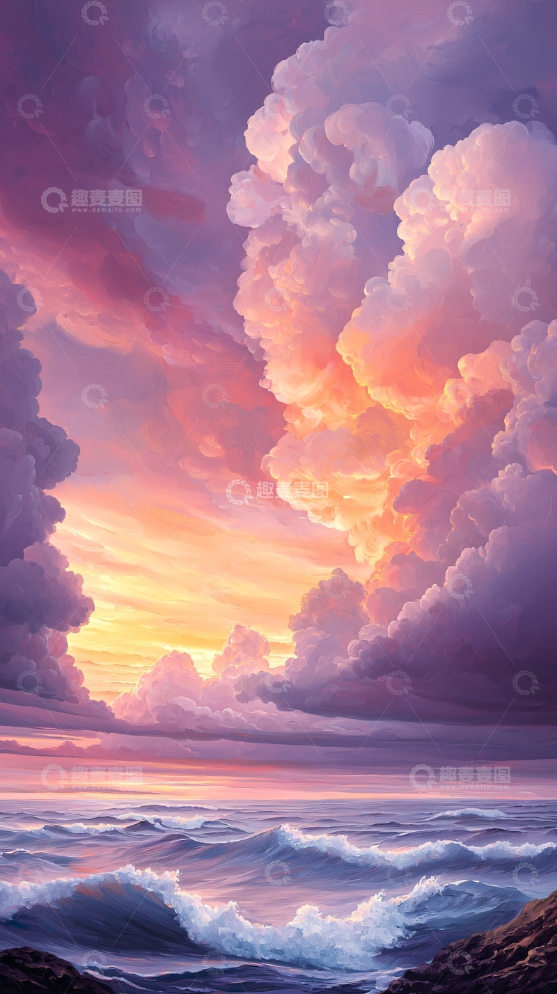 高清大图下载【趣麦麦图】粉色日落海景云彩如画