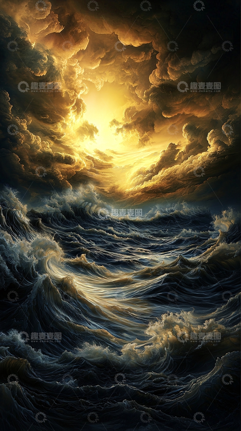高清大图下载【趣麦麦图】暴风雨海面上的金色天空