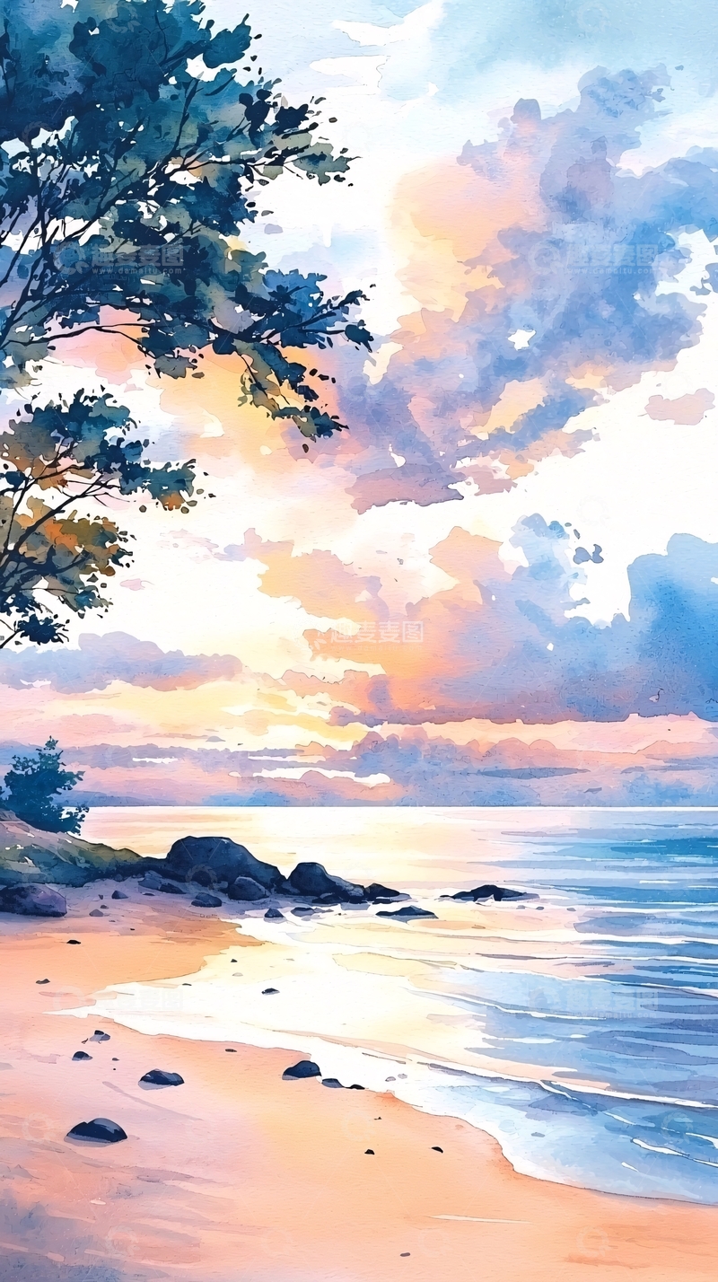 高清大图下载【趣麦麦图】水彩风景海滩日落