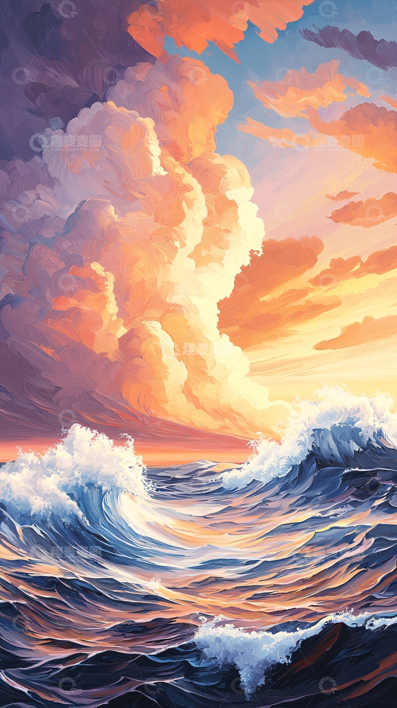 高清大图下载【趣麦麦图】海浪翻涌的橙色云霞