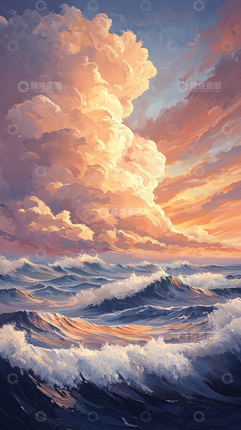 高清大图下载【趣麦麦图】壮丽海景与橙色云朵