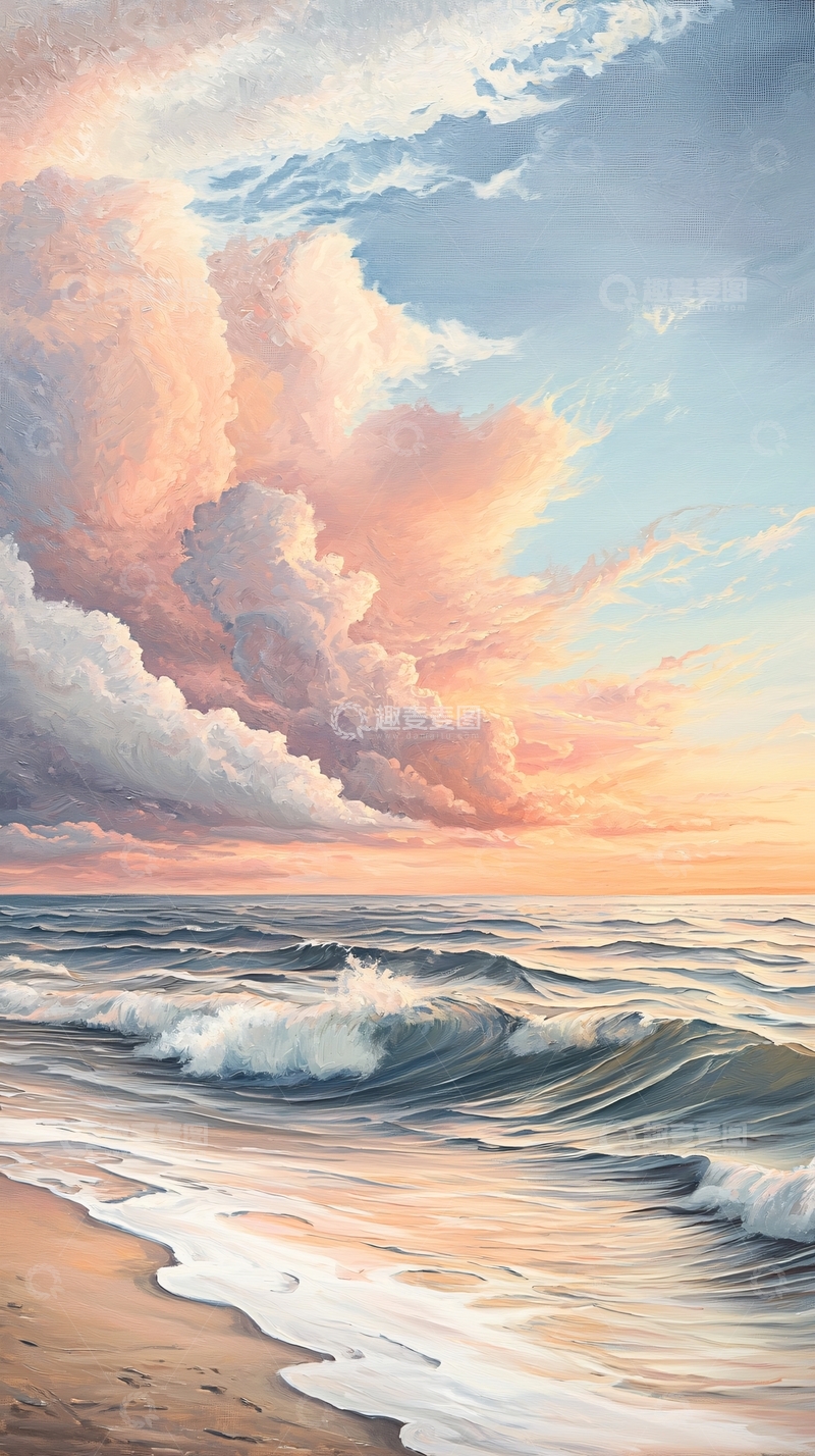 高清大图下载【趣麦麦图】粉色云朵下的海景